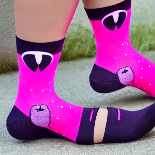 Image similar to a mockup of neon pink socks with raccoon face on them