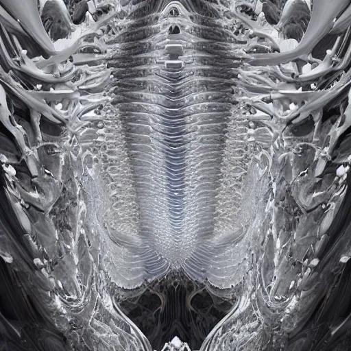 Image similar to epic fractal cave interior by zaha hadid, iris van herpen and rick owens. highly detailed, hyper - real, very beautiful, intricate fractal details, very complex, opulent, epic, mysterious, polished, futuristic design, trending on deviantart and artstation