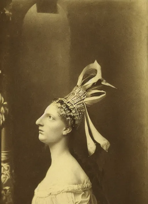 Image similar to portrait of young woman in renaissance dress and renaissance headdress, art by eugene atget