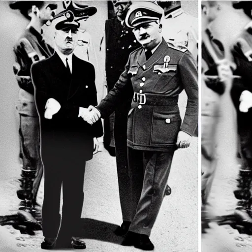 Image similar to historical picture of hitler handshake with soekarno, photosopped, realistic image, uhd picture, and photorealism, with detail image and description