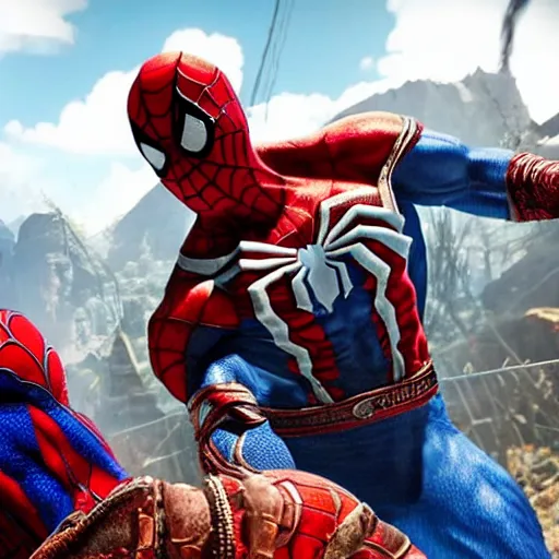 Image similar to screenshot of the game God of War with Kratos and Spiderman high fiving | Sony Pictures official media | Spiderman | Spiderman | Spiderman