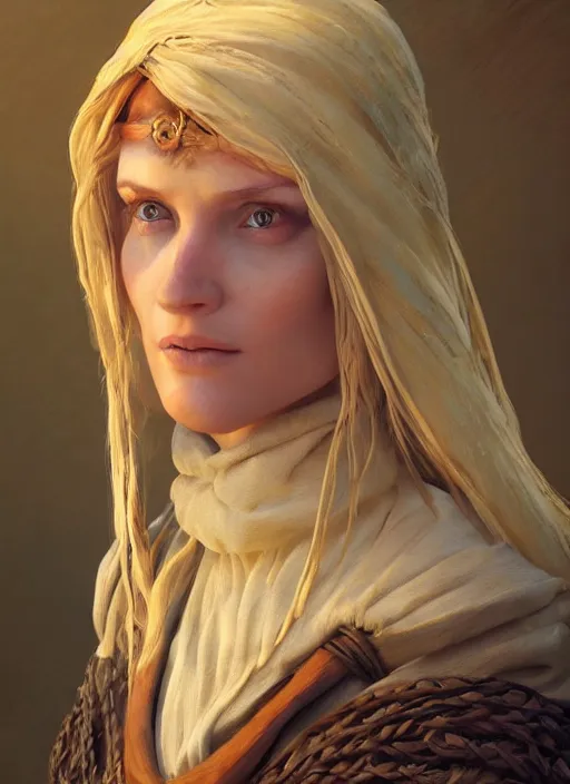 Image similar to blonde peasant woman, fantasy, medieval, vivid colors, fantasy, elegant, concept art, sharp focus, beautiful face!!, digital art, hyper - realistic, 4 k, unreal engine, highly detailed, hd, dramatic lighting by brom, trending on artstation