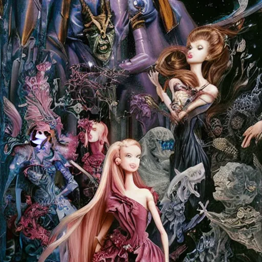 Prompt: realistic detailed image of Barbie Dolls terrorizing a Birthday Party by Ayami Kojima, Amano, Karol Bak, Greg Hildebrandt, and Mark Brooks, Neo-Gothic, gothic, rich deep colors. Beksinski painting, part by Adrian Ghenie and Gerhard Richter. art by Takato Yamamoto. masterpiece