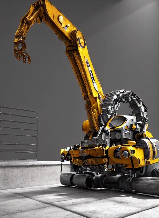 Image similar to a photorealistic dramatic hyperrealistic render of a futuristic exosuit power excavator heavy machinery, ultra realistic details, glossy yellow, well worn, rust, oil stains by vitaly bulgarov and mike nash, beautiful dramatic dark moody tones and lighting, cinematic atmosphere, studio lighting, global illumination, shadows, dark background, octane render, 8 k