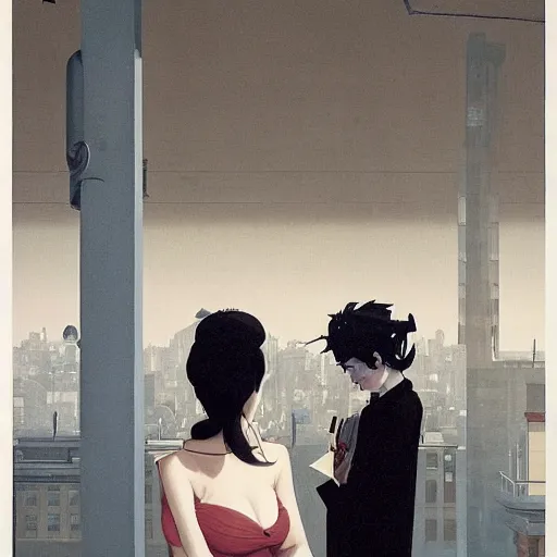 Image similar to a tall and beautiful pale woman with very black hair with a crown on her head walk in the streets of new york circa 1 9 8 4 edward hopper and james gilleard, surreal, open ceiling, highly detailed, airbrush, ilya kuvshinov, wlop, stanley artgerm, very coherent, art by takato yamamoto and james jean