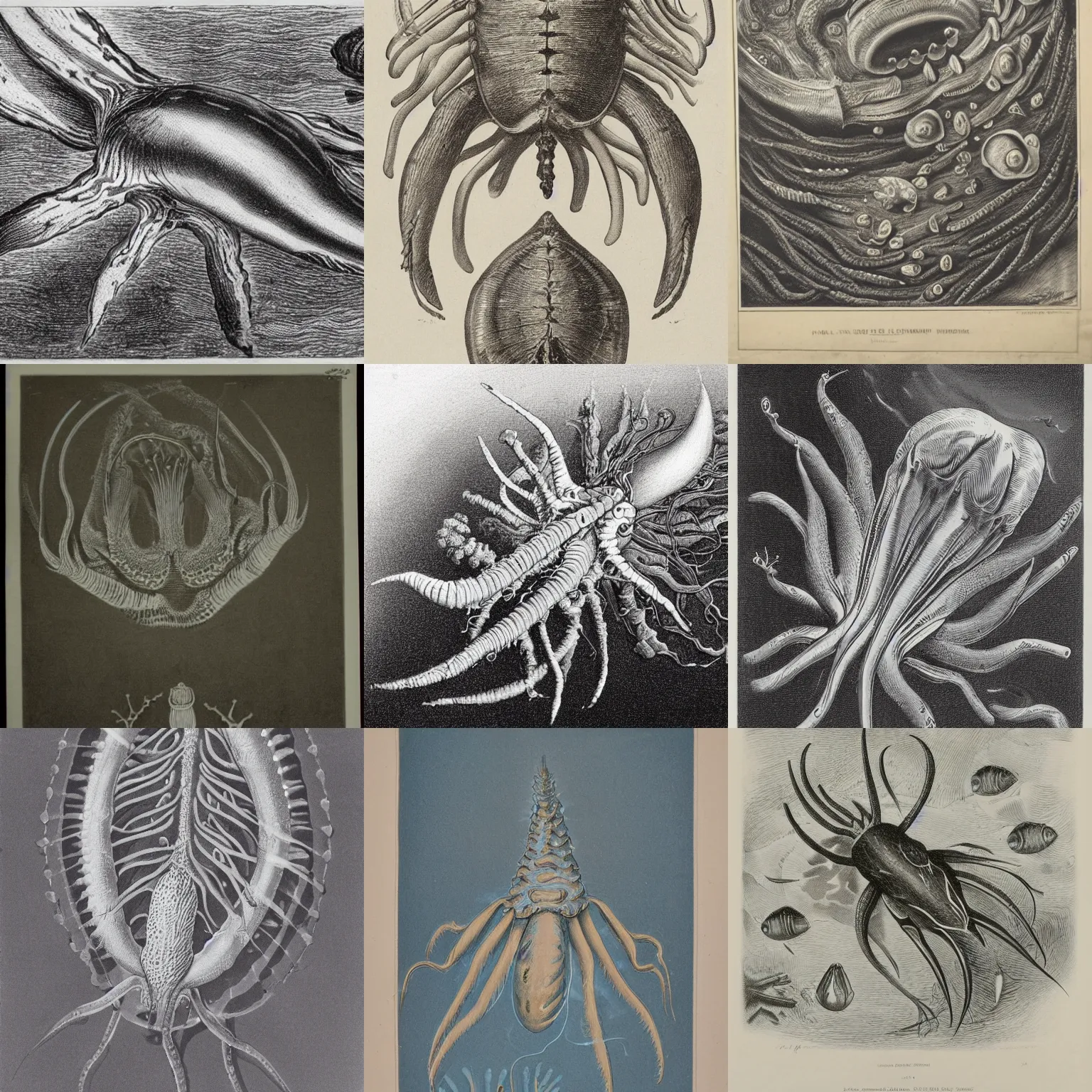 Prompt: A lithograph of a deep sea marine invertebrate