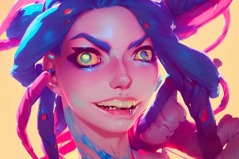 Prompt: a ultradetailed painting of jinx from league of legends by conrad roset, greg rutkowski and makoto shinkai trending on artstation