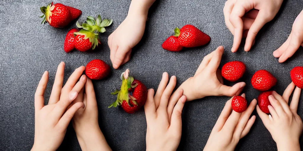 Image similar to a shocking and clearn photo of hands with way to many long creepy fingers reaching for little strawberries and chocolate with dramatic romantic lighting