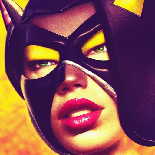 Image similar to a potrait of dua lipa as Batgirl by Zack Snyder, Christopher Nolan, 8k photorealistic, cinematic lighting, HD, high details, dramatic, trending on artstation, view from below, dark atmosphere,