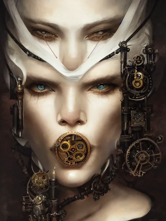 Prompt: a steampunk portrait of a hideous woman with shadowy eyes and bonewhite hair, with black glossy lips, hyperrealistic, award-winning, in the style of Tom Bagshaw, Cedric Peyravernay, Peter Mohrbacher