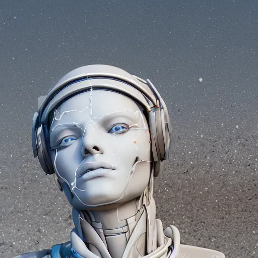 Image similar to the head of a marble cybernetic lady justice statue wearing a virtual reality headset on ground covered in sand, cyberpunk background, highly detailed, epic lighting, hyper photorealism, 8 k