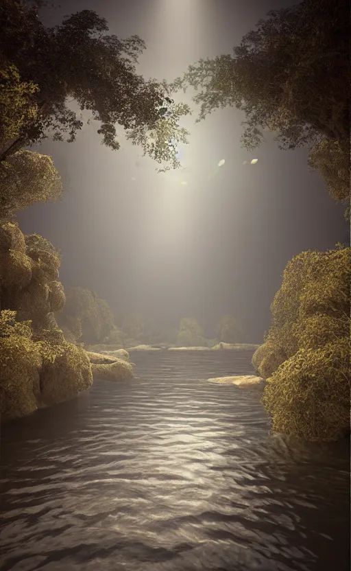 Image similar to river, soft render, volumetric lighting, 3d grainy surreal aesthetic illustration