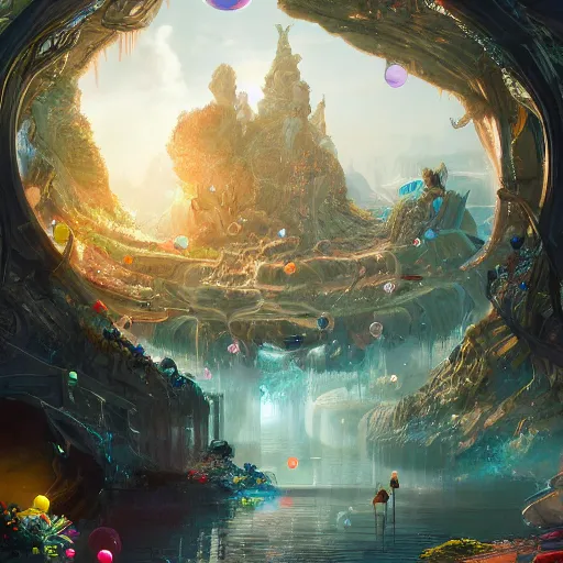 Image similar to a utopian city, filled with fauna, with bubbles floating around everywhere, dynamic lighting, fantasy concept art, trending on art station, stunning visuals, creative, cinematic, ultra detailed