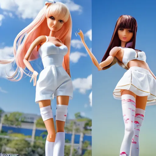 Prompt: anime barbie in white stockings, white bra, full length, standing posture, full length, patterned clothing, next to a real girl, hyper realism, 4 k