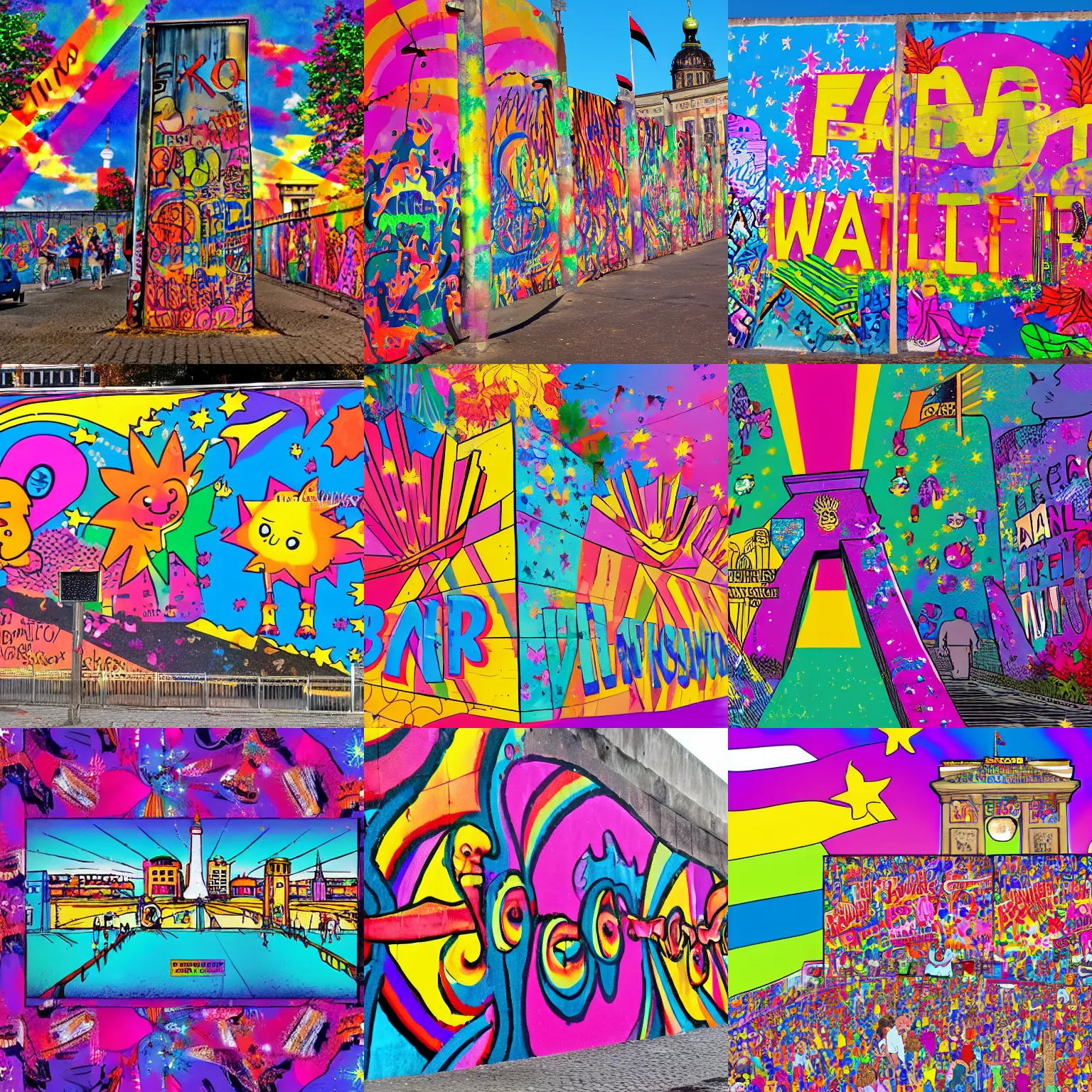 Prompt: fall of the berlin wall, in the style of lisa frank