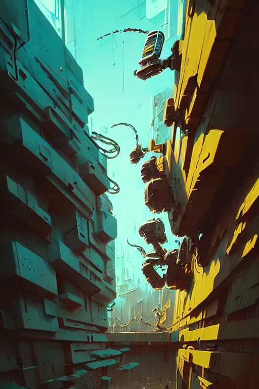 Image similar to matte painting extreme 3 d calligraphy robot graffiti tag mural wall extreme maximalism by atey ghailan, by greg rutkowski, by greg tocchini, by james gilliard, by joe fenton, yellow, brown, black and cyan color scheme, octane render