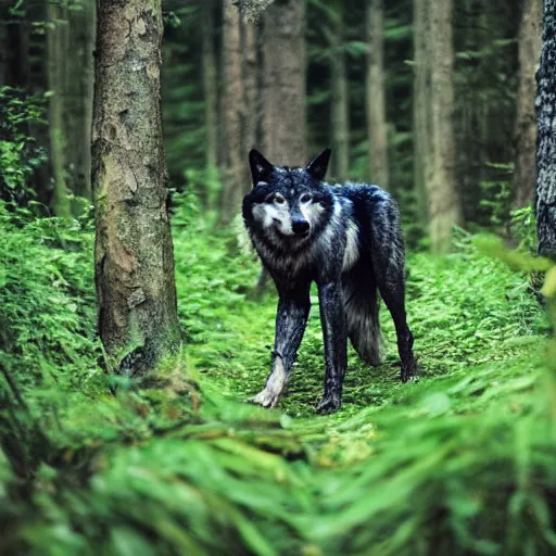 Image similar to standing werecreature consisting of a human and wolf, photograph captured in a forest