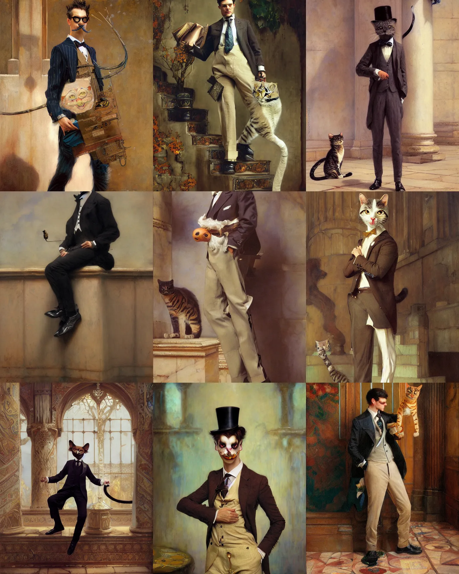 Prompt: A portrait of an anthropomorphic cat man in a suit by loish, Lawrence Alma-tadema, Thomas Moran, Mandy Jurgens, fashion photography