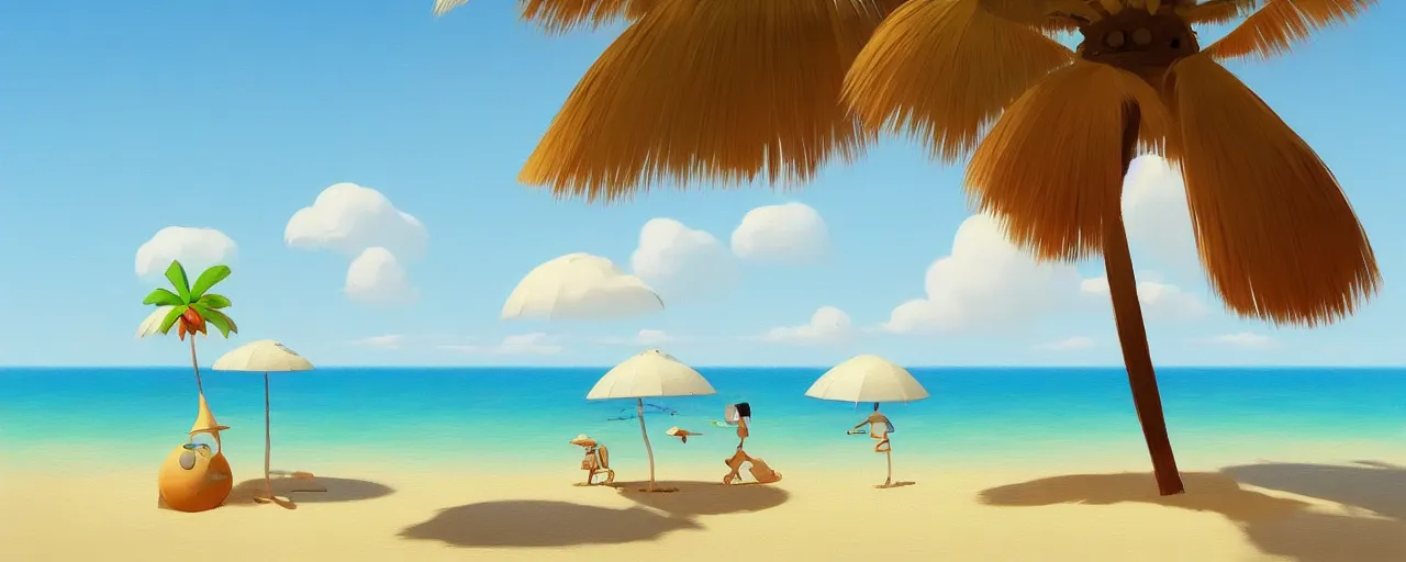 Image similar to goro fujita ilustration of a summer beach with palm tree, painting by goro fujita, sharp focus, highly detailed, artstation