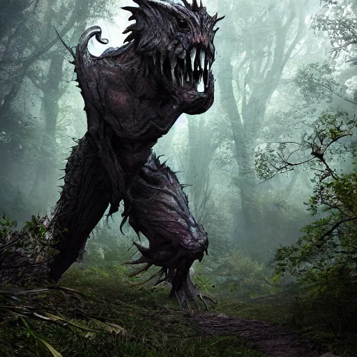 Prompt: photorealistic terrifying fantasy monster lurking in the woods, dynamic lighting, hyper realistic, 8K, realism