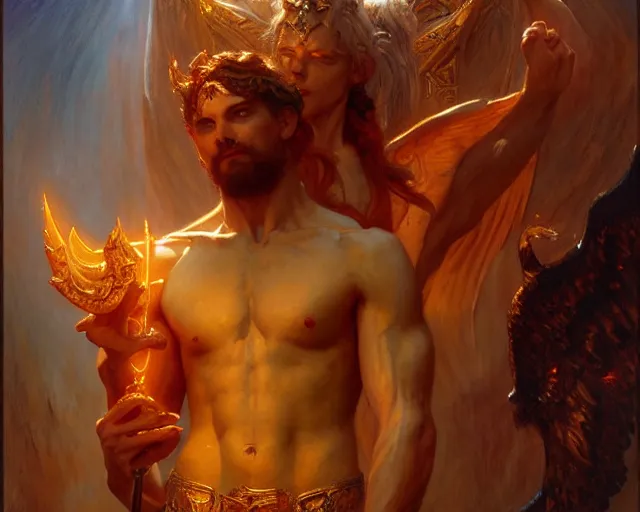 Image similar to attractive demonic male deity, casting magic, summoning handsome lucifer morning star. highly detailed painting by gaston bussiere, craig mullins, j. c. leyendecker 8 k