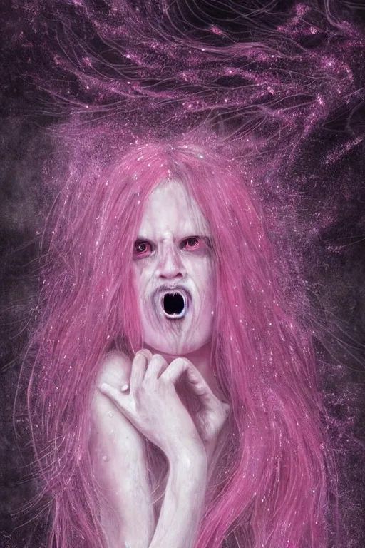Prompt: ghostly ethereal monster girl with long hair crying surrounded by screaming spirits, pink and black, super detail, highly detailed,,beautiful, silent hill, pink, highly detailed glittery sparkly shooting stars glowing, creepy beautiful hyperrealism, award winning artwork, realistic hair, artstation trend, high quality print, fine art with subtle redshift rendering,