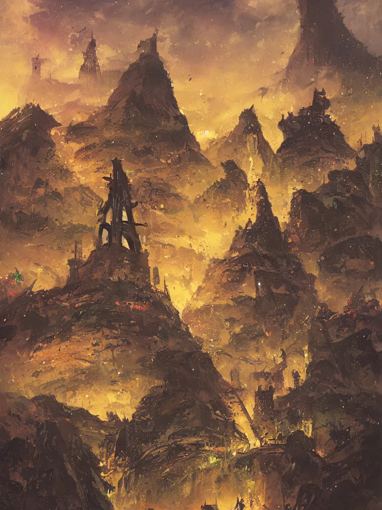 Prompt: tarot card of a tower in a dune sea by John Berkey and Peter Mohrbacher, moody lighting, rocky cliffs