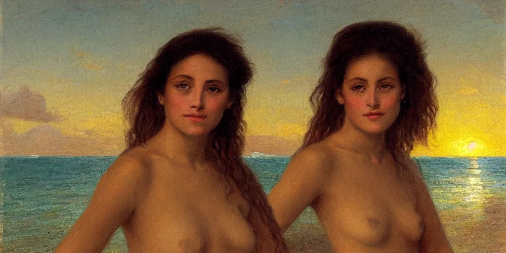 Image similar to portrait of French female model Myrtille Revemont on the beach in Moorea, ((on a breezy afternoon)), at the sunset, very detailed, smooth, art by William Buguereau
