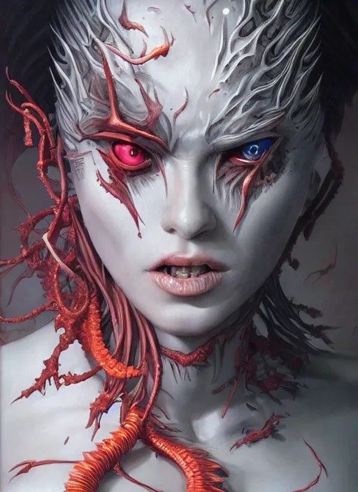 Image similar to a hyper detailed full face portrait of human transforming into the queen of blades, diablo 4 lilith, by yusuke murata, by hiroya oku, by dorian cleavenger, by tom bagshaw, by artgerm, by zdzisław beksinski, trending on artstation