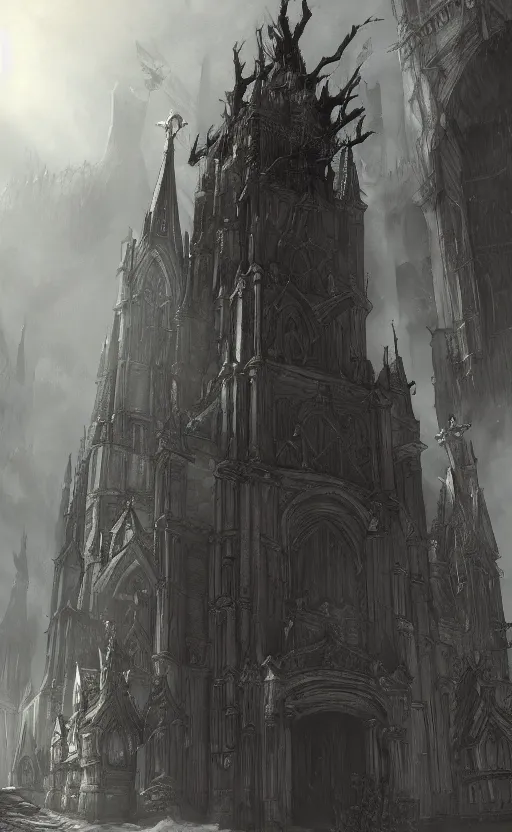 Image similar to concept art, dark church, fantasy style, Dark Souls style, highly detailed, WLOP, artstation