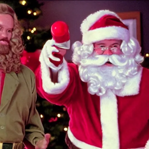 Image similar to Santa and Jesus 80s movie action battle, pink crying ice cream in the background