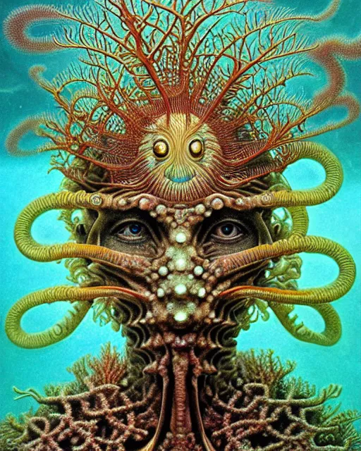 Image similar to realistic detailed underwater face portrait of the beautiful young god of the fish of the fractal waters with an intricate headgear of corals, sea kelp, sea plants, fish, starfish, jellyfish, art by ernst haeckel, zdzisław beksinski, hieronymus bosch, gothic, neo - gothic, ornamental, beautiful deep colours,