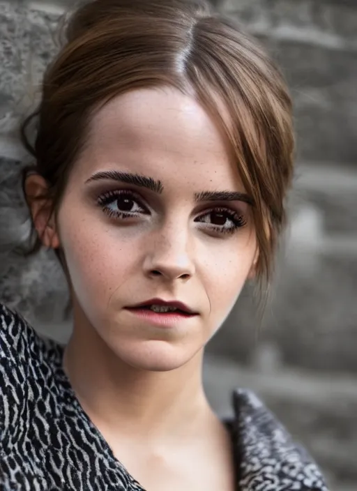 Image similar to Emma Watson for Victorian Secret, sitting on the corner, perfect symmetrical face, full length shot, extremely detailed, XF IQ4, 50MP, 50mm, f/1.4, ISO 200, 1/160s, natural light, Adobe Lightroom, rule of thirds, symmetrical balance, depth layering, polarizing filter, Sense of Depth