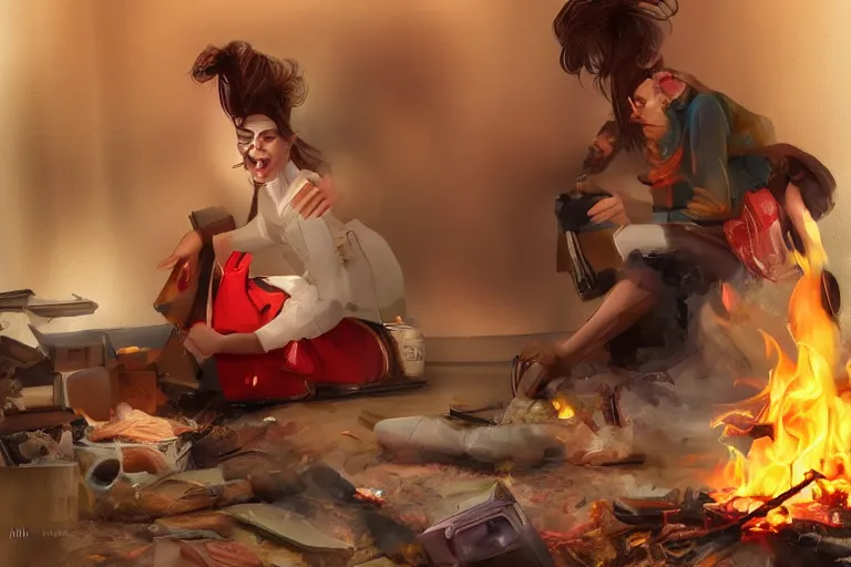 Image similar to a crazy housewife hurries up to pack daughter's things, surrounded with fire, clothes are flying around, digital art, trending on artstation