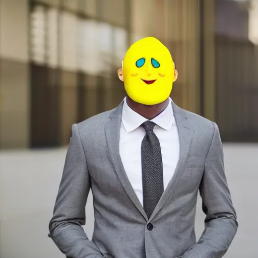 Image similar to a man wearing a suit lemon head