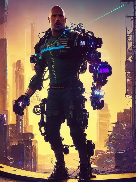 Image similar to a cyberpunk 2077 portrait of Dwayne Johnson carrying a female android complex mess of cables and wires behind them connected to giant computer, love,film lighting, by laurie greasley,Lawrence Alma-Tadema,William Morris,Dan Mumford, trending on atrstation, full of color, highly detailed,8K, octane, Digital painting,golden ratio,cinematic lighting