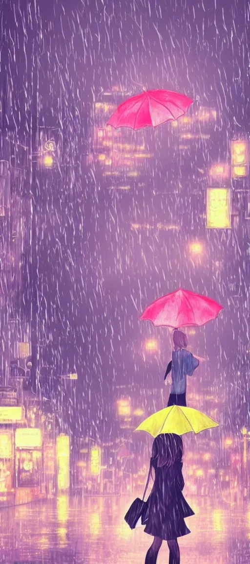 Image similar to beautiful drawing style, girl holding umbrella, contrast, visible rain, vaporware cartoon japan background, kawaii rainy gloomy, rainy night