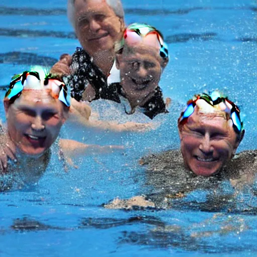 Prompt: putin, trump, obama and bush are swimming while having a water fight while smiling and having a great time