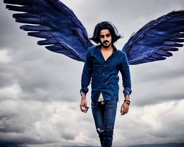 Prompt: angel avan jogia with blue-indigo-feather wings. Shirt, barefoot and jeans. Flying in a stormy sky. Distant full body shot. Award winning photography