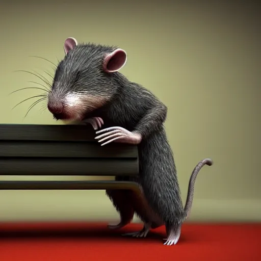 Image similar to depressed anthropomorphic rat, 3 d, render, movie scene, sad, lonely, moody lighting, wearing a fur coat, in the rain, at night, sitting on a park bench