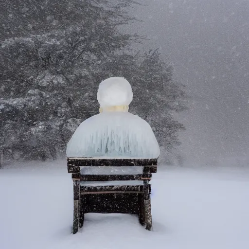 Image similar to an old man made of ice sitting on a throne on the top of a mountain during a snowstorm, front view, 8 k, high quality