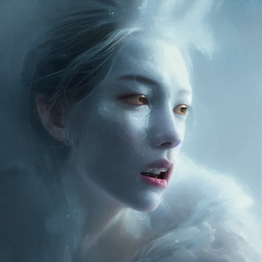 Prompt: portrait of a roaring and crying ghost, tall, silver skin, illustration, cinematic lighting, 8 k, d & d, frostbite 3 engine, dof, artstation, intricate, digital art, crepuscular ray, art by tsuyoshi nagano, greg rutkowski
