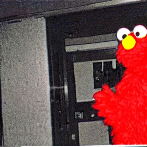 Prompt: CCTV footage of Elmo from Sesame Street with a Glock