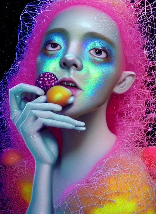 Image similar to hyper detailed 3d render like a Oil painting - kawaii portrait Aurora (Singer) seen Eating of the Strangling network of yellowcake aerochrome and milky Fruit and Her delicate Hands hold of gossamer polyp blossoms bring iridescent fungal flowers whose spores black the foolish stars by Jacek Yerka, Mariusz Lewandowski, Houdini algorithmic generative render, Abstract brush strokes, Masterpiece, Edward Hopper and James Gilleard, Zdzislaw Beksinski, Mark Ryden, Wolfgang Lettl, hints of Yayoi Kasuma, octane render, 8k