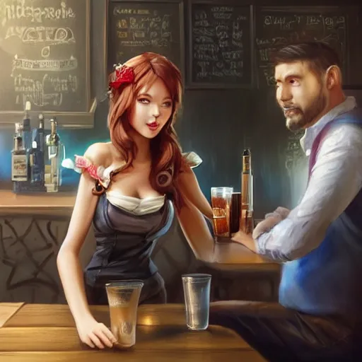 Image similar to a beautiful barmaid trying to cheer up a gloomy guy, sitting in a dark pub at the corner , made by Stanley Artgerm Lau, WLOP, Rossdraws, ArtStation, CGSociety, concept art, cgsociety, octane render, trending on artstation, artstationHD, artstationHQ, unreal engine, 4k, 8k,