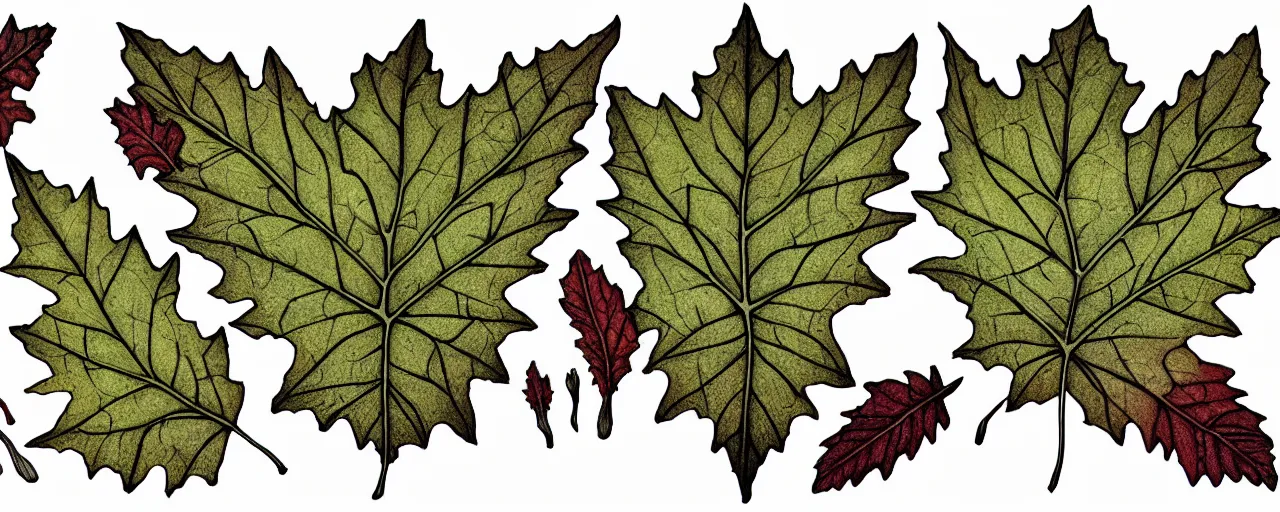 Prompt: leaf schematic, hybrid between oak leaf and wine leaf, ultra detailed, 4 k, intricate, encyclopedia illustration, fine color inking lines