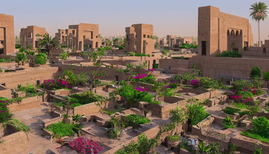 Image similar to ancient iranian city with rooftop gardens, flowers, palms, artstation