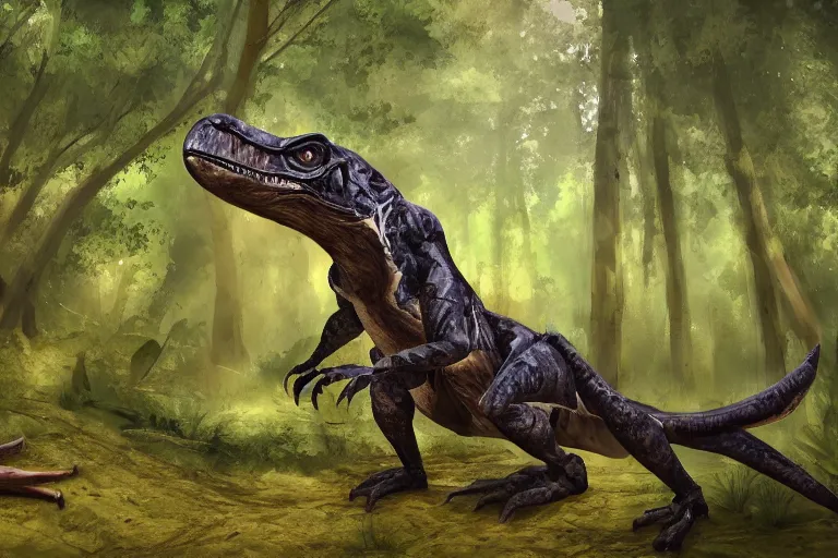 Image similar to highly detailed photograph of a oil raptor in the forest, featured on pixiv