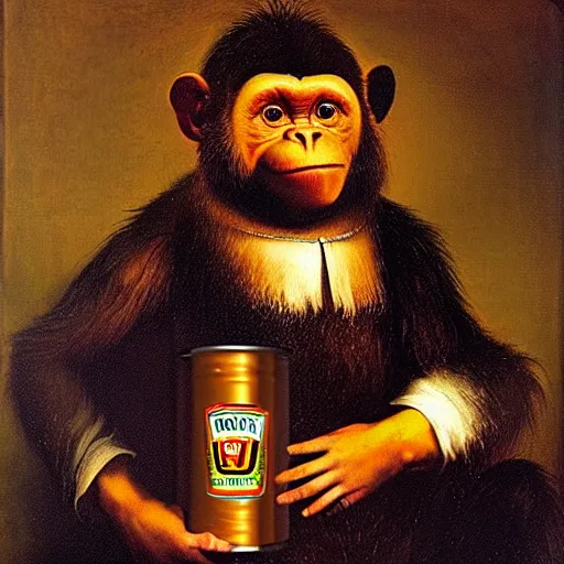 Prompt: a tin can of heinz beans eating a monkey renaissance oil painting rembrandt