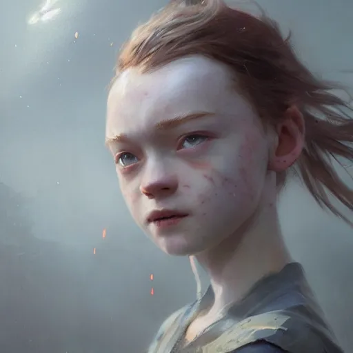Image similar to a highly detailed epic cinematic concept art CG render digital painting artwork: Sadie Sink. By Greg Rutkowski, Ilya Kuvshinov, WLOP, Stanley Artgerm Lau, Ruan Jia and Fenghua Zhong, trending on ArtStation, subtle muted cinematic colors, made in Maya, Blender and Photoshop, octane render, excellent composition, cinematic atmosphere, dynamic dramatic cinematic lighting, precise correct anatomy, aesthetic, very inspirational, arthouse